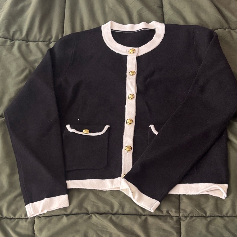 Black and White Cardigan with Gold Buttons